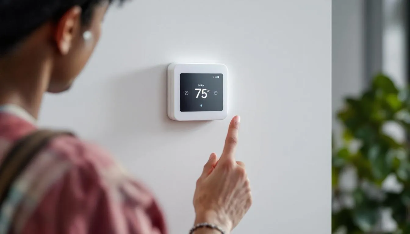 A modern wall features a newly installed smart thermostat with a digital display showing the current temperature settings, highlighting the integration of smart home technology for enhanced energy efficiency and climate control in the living space. This smart device is part of a growing trend in home upgrades aimed at improving everyday life through automation and convenience.