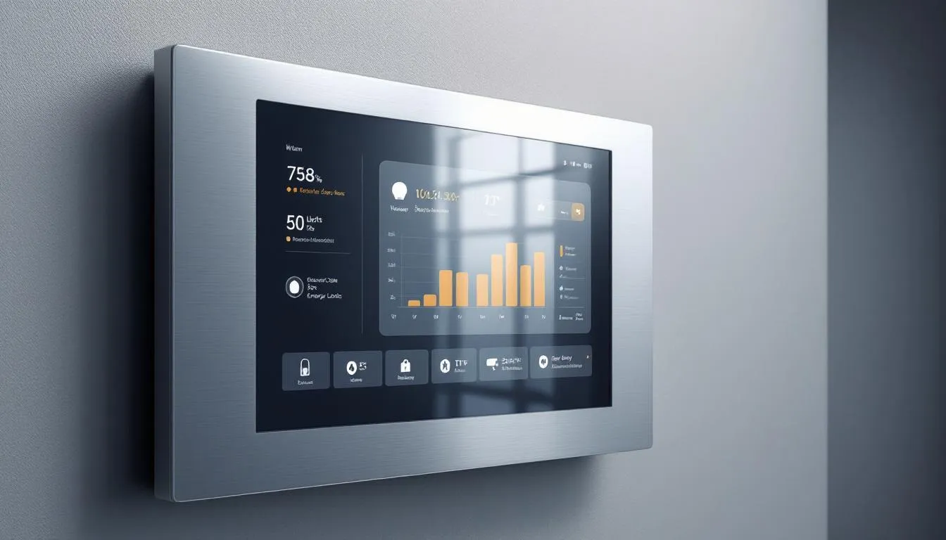 A smart home control panel showcases various connected devices, including smart lighting, smart thermostats, and smart security systems, all indicating their operational status. This modern technology enhances energy efficiency and allows for seamless integration of multiple smart devices, providing convenience and control over your living space.