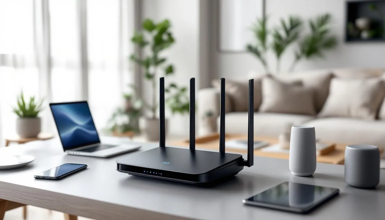 A modern home network setup features a mesh router at the center, seamlessly connecting multiple smart devices throughout the house, including smart lighting systems, smart thermostats, and smart security systems. This integration of smart home technology enhances convenience and energy efficiency, allowing for remote control and automation of everyday life.