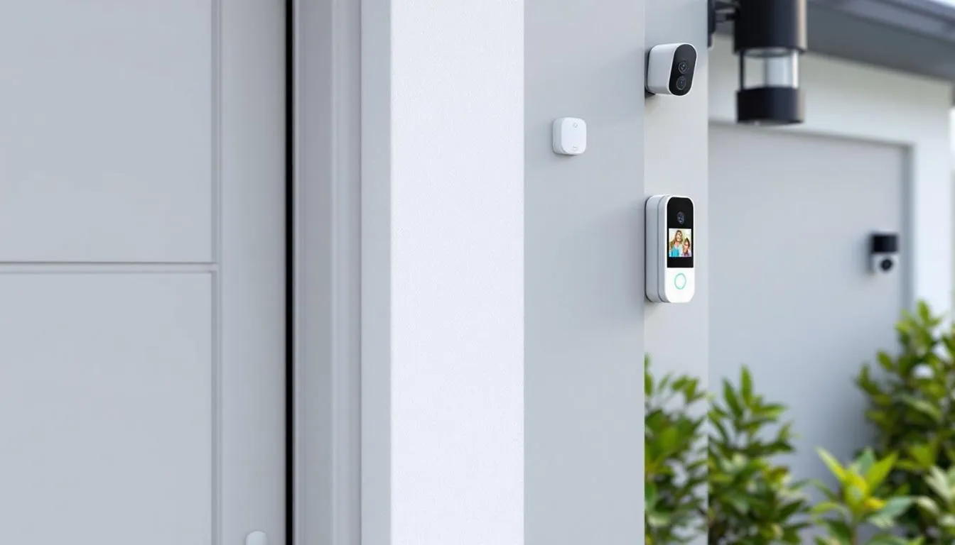 The image depicts a modern home security setup featuring a smart doorbell, security cameras, and motion sensors, showcasing the integration of smart technology for enhanced security and convenience. This setup represents a key aspect of smart home upgrades, providing peace of mind and automated functionality in everyday life.